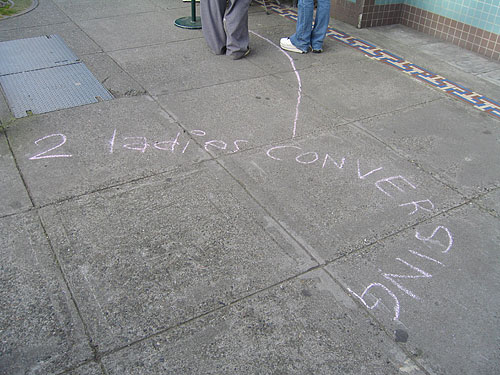 [chalk on sidewalk: "2 ladies conversing"]